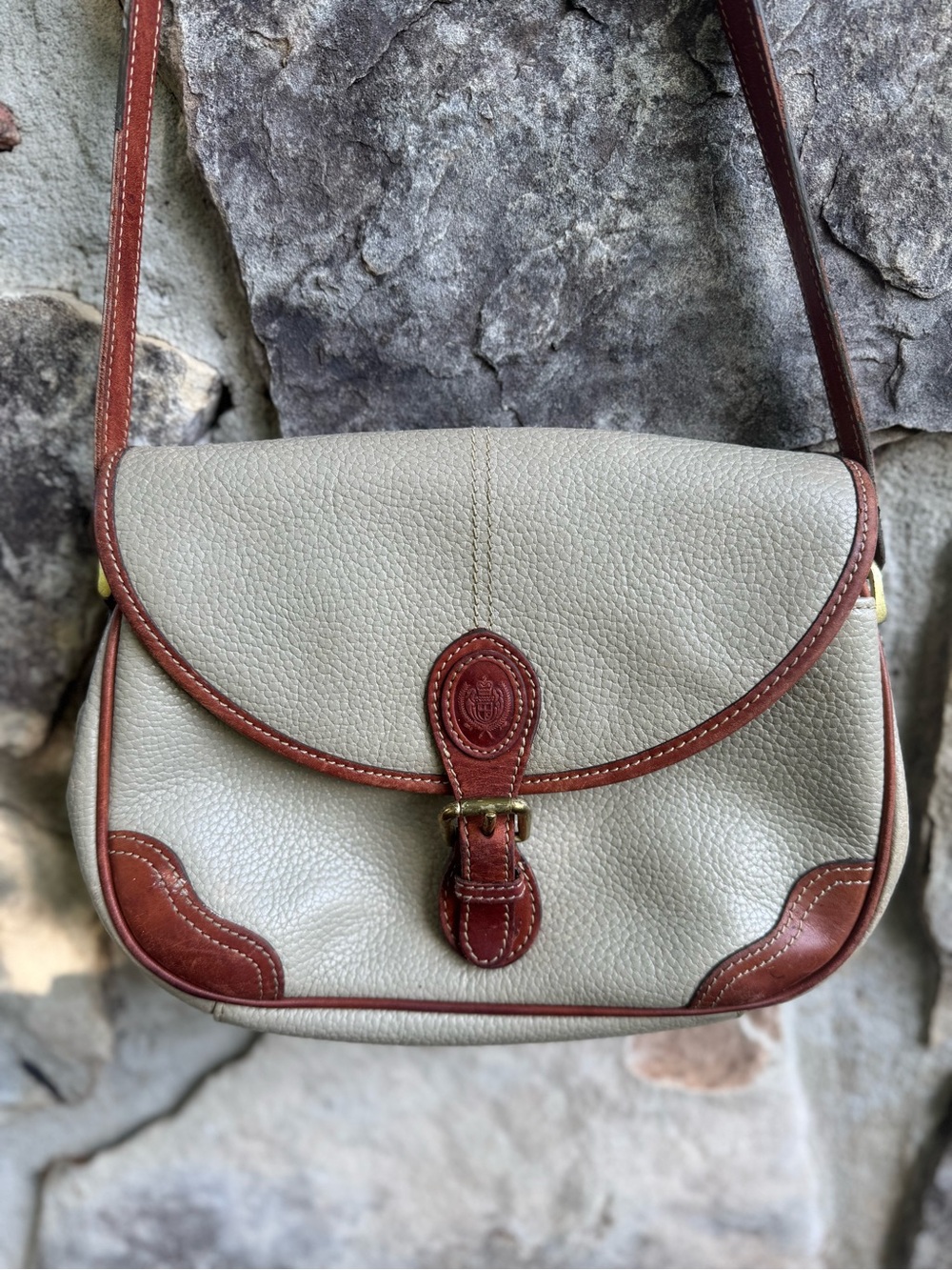 Liz Claiborne Cream Pebbled Leather Shoulder Bag with Brown Trim